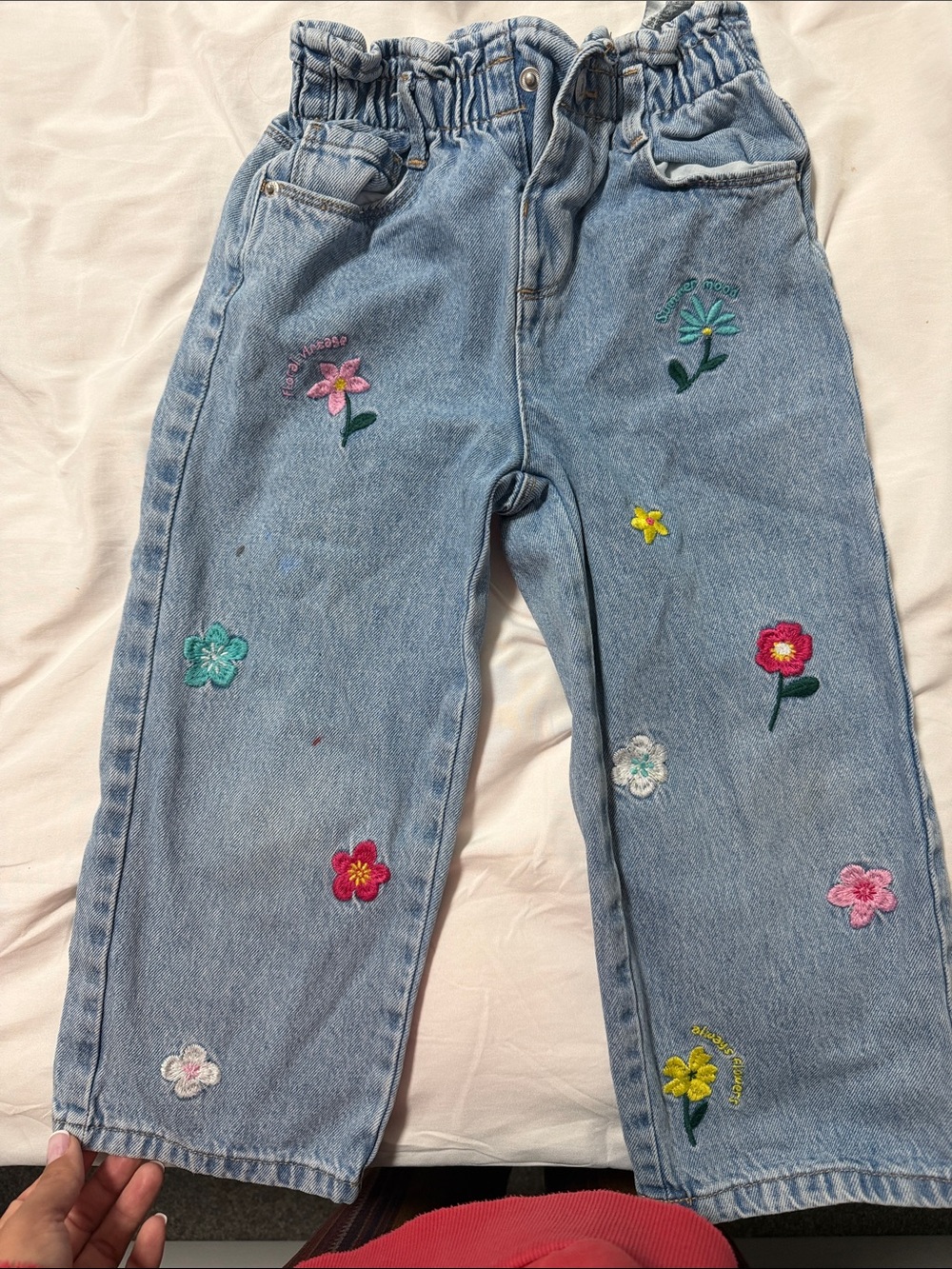 Zara Light Blue Denim Jeans with Multicolor Floral Embroidery